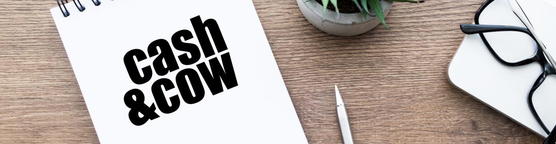 Der Cash & Cow Blog Block mit Cash & Cow Logo, Stift, Pflanze und Brille