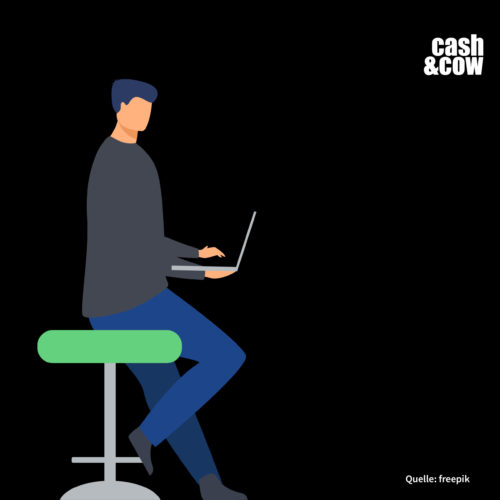 Mini GmbH Mann sitzt auf grünem Hocker mit Laptop in der Hand und kümmert sich um seine Mini-GmbH